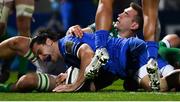 6 April 2019; James Lowe of Leinster celebrates after scoring his side's first try during the Guinness PRO14 Round 19 match between Leinster and Benetton at the RDS Arena in Dublin. Photo by Ramsey Cardy/Sportsfile