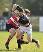 7 April 2019; Neal Farrell of Longford is tackled by Denis Higgins of Wicklow during the Bank of Ireland Provincial Towns Cup semi final match between Wicklow RFC and Longford RFC at Naas RFC in Naas, Co. Kildare. Photo by Ramsey Cardy/Sportsfile