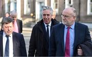 10 April 2019;  Attending a meeting with the Oireachtas Committee on Sport at Dáil Éireann in Dublin are from left, FAI President Donal Conway, FAI Executive Vice President John Delaney and Fran Gavin, FAI Director of Competitions. Photo by Sam Barnes/Sportsfile