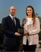10 April 2019; Aimee Mackin of Armagh is presented with The Croke Park / LGFA Player of the Month award for March by Alan Smullen, General Manager, at The Croke Park Hotel in Jones Road, Dublin. In Armagh’s Lidl National League fixtures against Tyrone, Clare and Kerry in March, Aimee scored a combined total of 3-23. Aimee was also in brilliant form for her college Ulster University Jordanstown in the Gourmet Food Parlour Giles Cup. In the Final victory over Waterford IT, Aimee scored 2-11 of UUJ’s 2-17 tally. Clontarf defeated Emmet Óg at Parnell Park. Photo by Eóin Noonan/Sportsfile