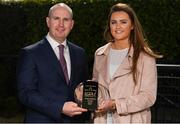 10 April 2019; Aimee Mackin of Armagh is presented with The Croke Park / LGFA Player of the Month award for March by Alan Smullen, General Manager, at The Croke Park Hotel in Jones Road, Dublin. In Armagh’s Lidl National League fixtures against Tyrone, Clare and Kerry in March, Aimee scored a combined total of 3-23. Aimee was also in brilliant form for her college Ulster University Jordanstown in the Gourmet Food Parlour Giles Cup. In the Final victory over Waterford IT, Aimee scored 2-11 of UUJ’s 2-17 tally. Clontarf defeated Emmet Óg at Parnell Park. Photo by Eóin Noonan/Sportsfile