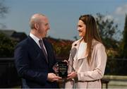 10 April 2019; Aimee Mackin of Armagh is presented with The Croke Park / LGFA Player of the Month award for March by Alan Smullen, General Manager, at The Croke Park Hotel in Jones Road, Dublin. In Armagh’s Lidl National League fixtures against Tyrone, Clare and Kerry in March, Aimee scored a combined total of 3-23. Aimee was also in brilliant form for her college Ulster University Jordanstown in the Gourmet Food Parlour Giles Cup. In the Final victory over Waterford IT, Aimee scored 2-11 of UUJ’s 2-17 tally. Clontarf defeated Emmet Óg at Parnell Park. Photo by Eóin Noonan/Sportsfile