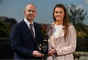 10 April 2019; Aimee Mackin of Armagh is presented with The Croke Park / LGFA Player of the Month award for March by Alan Smullen, General Manager, at The Croke Park Hotel in Jones Road, Dublin. In Armagh’s Lidl National League fixtures against Tyrone, Clare and Kerry in March, Aimee scored a combined total of 3-23. Aimee was also in brilliant form for her college Ulster University Jordanstown in the Gourmet Food Parlour Giles Cup. In the Final victory over Waterford IT, Aimee scored 2-11 of UUJ’s 2-17 tally. Clontarf defeated Emmet Óg at Parnell Park. Photo by Eóin Noonan/Sportsfile