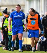 13 April 2019; Tadhg Furlong of Leinster leaves the pitch with an injury assisted by Leinster team doctor Prof John Ryan during the Guinness PRO14 Round 20 match between Leinster and Glasgow Warriors at the RDS Arena in Dublin. Photo by Ramsey Cardy/Sportsfile