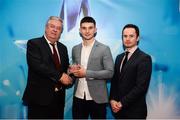 15 April 2019; Shane Kingston of UCC who was named in the Electric Ireland HE GAA Rising Star Hurling Team of the Year 2019 is presented with his award by John Dwane of Electric Ireland, left, and Michael Hyland, Chairman, Higher Education GAA. The Electric Ireland HE GAA Rising Star Awards was hosted by Electric Ireland Sigerson and Fitzgibbon winners UCC where the overall Footballer and Hurler of the Year were announced as well as the overall Football and Hurling team of the Year for the Electric Ireland Sigerson, Fitzgibbon and Higher Education Championships. #FirstClassRivals Photo by Diarmuid Greene/Sportsfile
