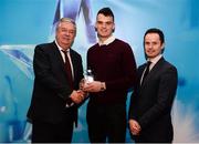 15 April 2019; Paddy O'Loughlin of UCC who was named in the Electric Ireland HE GAA Rising Star Hurling Team of the Year 2019 is presented with his award by John Dwane of Electric Ireland, left, and Michael Hyland, Chairman, Higher Education GAA. The Electric Ireland HE GAA Rising Star Awards was hosted by Electric Ireland Sigerson and Fitzgibbon winners UCC where the overall Footballer and Hurler of the Year were announced as well as the overall Football and Hurling team of the Year for the Electric Ireland Sigerson, Fitzgibbon and Higher Education Championships. #FirstClassRivals Photo by Diarmuid Greene/Sportsfile