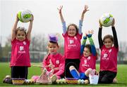 18 April 2019; Aviva Soccer Sisters Camps kicked off on Monday, April 15 in venues nationwide across the Easter holidays for girls aged 6-14, with over 5,317 registrations so far. Participating clubs will be given the opportunity to play in Aviva Stadium at the Aviva Dream Camp on May 29. All clubs will be entered into a draw to be held on Aviva Ireland social media channels on April 29. See Aviva Ireland social channels and #SafeToDream to find out more. Participants, from left, Sally O'Halloran, age 6, Shauna Joyce, age 8, Sarah McGilligan, age 8, Penny Roche, age 7, and Keris Uzell, age 7, during the Aviva Soccer Sisters Camp at Irishtown Centre in Ringsend, Dublin. Photo by Stephen McCarthy/Sportsfile