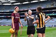 31 March 2019; Referee Cathal Egan with team captains Sarah Dervan of Galway and Anna Farrell of Kilkenny before the Littlewoods Ireland Camogie League Division 1 Final match between Kilkenny and Galway at Croke Park in Dublin. Photo by Piaras Ó Mídheach/Sportsfile
