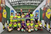 24 April 2019; Republic of Ireland mens national team manager Mick McCarthy, and Republic of Ireland Womens national team manager Colin Bell were on hand at the Aviva Stadium today to launch the 2019 SportsDirect.com FAI Summer Soccer Schools programme. The SportsDirect.com Summer Soccer Schools programme is the FAI’s largest grass roots programme and one of the most important as it encourages children’s involvement in sport, in a fun and friendly environment. Camps begin on July 1st and run right through to August 23rd, and are priced at €70. Pictured at the launch are Republic of Ireland mens national team manager Mick McCarthy, and Republic of Ireland womens national team manager Colin Bell, with young participants from across the country, at the Aviva Stadium in Dublin. Photo by Seb Daly/Sportsfile
