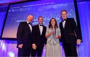 28 April 2019; Andrew Burke and Ailleen Langton of Patrician Secondary School Newbridge are presented with the Irish Independent Development School of the Year by Fionnán Sheehan, Editor, Irish Independent, and Leinster Branch President Lorcan Balfe. The Leinster Rugby Awards Ball, taking place at the InterContinental Dublin and MC’d by Darragh Maloney, were a celebration of the 2018/19 Leinster Rugby season to date and over the course of the evening Leinster Rugby acknowledged the contributions of departees Seán O’Brien, Jack McGrath, Noel Reid, Mick Kearney, Nick McCarthy, Tom Daly and Ian Nagle. Former Leinster, Ireland and British & Irish Lions player Paul Dean was inducted into the Guinness Hall of Fame. Some of the other Award winners on the night included; St. Michael’s College (Deep River Rock School of the Year), Larry Halpin, Terenure College (Beauchamps Contribution to Leinster Rugby Award), Naas RFC (CityJet Senior Club of the Year), Patrician Secondary School Newbridge (Irish Independent Development School of the Year Award), Suttonians RFC (Bank of Ireland Junior Club of the Year) and Sene Naoupu (Energia Women’s Rugby Award). Photo by Ramsey Cardy/Sportsfile