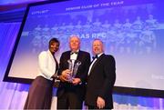 28 April 2019; Naas RFC President Phil Kiely is presented with the CityJet Senior Club of the Year award by Astou N'Diaye, Marketing Manager, CityJet, and Leinster Branch President Lorcan Balfe. The Leinster Rugby Awards Ball, taking place at the InterContinental Dublin and MC’d by Darragh Maloney, were a celebration of the 2018/19 Leinster Rugby season to date and over the course of the evening Leinster Rugby acknowledged the contributions of departees Seán O’Brien, Jack McGrath, Noel Reid, Mick Kearney, Nick McCarthy, Tom Daly and Ian Nagle. Former Leinster, Ireland and British & Irish Lions player Paul Dean was inducted into the Guinness Hall of Fame. Some of the other Award winners on the night included; St. Michael’s College (Deep River Rock School of the Year), Larry Halpin, Terenure College (Beauchamps Contribution to Leinster Rugby Award), Naas RFC (CityJet Senior Club of the Year), Patrician Secondary School Newbridge (Irish Independent Development School of the Year Award), Suttonians RFC (Bank of Ireland Junior Club of the Year) and Sene Naoupu (Energia Women’s Rugby Award). Photo by Ramsey Cardy/Sportsfile