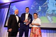 28 April 2019; James Ryan, centre, is presented with the Bank of Ireland Players Player of the Year by Paula Murphy, Head of Strategic Sponsorship, Bank of Ireland, and Leinster Branch President Lorcan Balfe. The Leinster Rugby Awards Ball, taking place at the InterContinental Dublin and MC’d by Darragh Maloney, were a celebration of the 2018/19 Leinster Rugby season to date and over the course of the evening Leinster Rugby acknowledged the contributions of departees Seán O’Brien, Jack McGrath, Noel Reid, Mick Kearney, Nick McCarthy, Tom Daly and Ian Nagle. Former Leinster, Ireland and British & Irish Lions player Paul Dean was inducted into the Guinness Hall of Fame. Some of the other Award winners on the night included; St. Michael’s College (Deep River Rock School of the Year), Larry Halpin, Terenure College (Beauchamps Contribution to Leinster Rugby Award), Naas RFC (CityJet Senior Club of the Year), Patrician Secondary School Newbridge (Irish Independent Development School of the Year Award), Suttonians RFC (Bank of Ireland Junior Club of the Year) and Sene Naoupu (Energia Women’s Rugby Award). Photo by Ramsey Cardy/Sportsfile