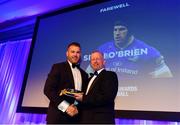 28 April 2019; Leinster Rugby departee Sean O'Brien, left, receives his cap from Leinster Branch President Lorcan Balfe. The Leinster Rugby Awards Ball, taking place at the InterContinental Dublin and MC’d by Darragh Maloney, were a celebration of the 2018/19 Leinster Rugby season to date and over the course of the evening Leinster Rugby acknowledged the contributions of departees Seán O’Brien, Jack McGrath, Noel Reid, Mick Kearney, Nick McCarthy, Tom Daly and Ian Nagle. Former Leinster, Ireland and British & Irish Lions player Paul Dean was inducted into the Guinness Hall of Fame. Some of the other Award winners on the night included; St. Michael’s College (Deep River Rock School of the Year), Larry Halpin, Terenure College (Beauchamps Contribution to Leinster Rugby Award), Naas RFC (CityJet Senior Club of the Year), Patrician Secondary School Newbridge (Irish Independent Development School of the Year Award), Suttonians RFC (Bank of Ireland Junior Club of the Year) and Sene Naoupu (Energia Women’s Rugby Award). Photo by Ramsey Cardy/Sportsfile
