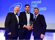 28 April 2019; Max Deegan is presented with the Laya Healthcare Young Player of the Year award by D.O. O’Connor, Deputy Managing Director, Laya Healthcare, and Leinster Branch President Lorcan Balfe. The Leinster Rugby Awards Ball, taking place at the InterContinental Dublin and MC’d by Darragh Maloney, were a celebration of the 2018/19 Leinster Rugby season to date and over the course of the evening Leinster Rugby acknowledged the contributions of departees Seán O’Brien, Jack McGrath, Noel Reid, Mick Kearney, Nick McCarthy, Tom Daly and Ian Nagle. Former Leinster, Ireland and British & Irish Lions player Paul Dean was inducted into the Guinness Hall of Fame. Some of the other Award winners on the night included; St. Michael’s College (Deep River Rock School of the Year), Larry Halpin, Terenure College (Beauchamps Contribution to Leinster Rugby Award), Naas RFC (CityJet Senior Club of the Year), Patrician Secondary School Newbridge (Irish Independent Development School of the Year Award), Suttonians RFC (Bank of Ireland Junior Club of the Year) and Sene Naoupu (Energia Women’s Rugby Award). Photo by Ramsey Cardy/Sportsfile