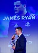 28 April 2019; James Ryan with the Bank of Ireland Players Player of the Year. The Leinster Rugby Awards Ball, taking place at the InterContinental Dublin and MC’d by Darragh Maloney, were a celebration of the 2018/19 Leinster Rugby season to date and over the course of the evening Leinster Rugby acknowledged the contributions of departees Seán O’Brien, Jack McGrath, Noel Reid, Mick Kearney, Nick McCarthy, Tom Daly and Ian Nagle. Former Leinster, Ireland and British & Irish Lions player Paul Dean was inducted into the Guinness Hall of Fame. Some of the other Award winners on the night included; St. Michael’s College (Deep River Rock School of the Year), Larry Halpin, Terenure College (Beauchamps Contribution to Leinster Rugby Award), Naas RFC (CityJet Senior Club of the Year), Patrician Secondary School Newbridge (Irish Independent Development School of the Year Award), Suttonians RFC (Bank of Ireland Junior Club of the Year) and Sene Naoupu (Energia Women’s Rugby Award). Photo by Ramsey Cardy/Sportsfile