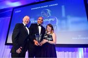 28 April 2019; George Naoupu is presented with the Energia Women’s Rugby Award on behalf of Sene Naoupu, by Amy O’Shaughnessy, Marketing Acquisitions & Sponsorship Manager of Energia. The Leinster Rugby Awards Ball, taking place at the InterContinental Dublin and MC’d by Darragh Maloney, were a celebration of the 2018/19 Leinster Rugby season to date and over the course of the evening Leinster Rugby acknowledged the contributions of departees Seán O’Brien, Jack McGrath, Noel Reid, Mick Kearney, Nick McCarthy, Tom Daly and Ian Nagle. Former Leinster, Ireland and British & Irish Lions player Paul Dean was inducted into the Guinness Hall of Fame. Some of the other Award winners on the night included; St. Michael’s College (Deep River Rock School of the Year), Larry Halpin, Terenure College (Beauchamps Contribution to Leinster Rugby Award), Naas RFC (CityJet Senior Club of the Year), Patrician Secondary School Newbridge (Irish Independent Development School of the Year Award), Suttonians RFC (Bank of Ireland Junior Club of the Year) and Sene Naoupu (Energia Women’s Rugby Award). Photo by Ramsey Cardy/Sportsfile