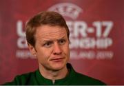 2 May 2019; Republic of Ireland head coach Colin O'Brien during a UEFA U17 European Championship Finals press conference at the CityWest Hotel in Saggart, Dublin. Photo by Seb Daly/Sportsfile