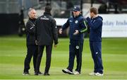 3 May 2019; Ireland captain William Porterfield, centre, and England captain Eoin Morgan in conversation with umpires Kumar Dharmasena and Paul Reynolds, during a pitch inspection prior to the One Day International between Ireland and England at Malahide Cricket Ground in Dublin. Photo by Sam Barnes/Sportsfile