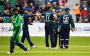 3 May 2019; England players celebrate as Lorcan Tucker of Ireland leaves the field after being caught by Eoin Morgan of England during the One Day International between Ireland and England at Malahide Cricket Ground in Dublin. Photo by Sam Barnes/Sportsfile