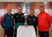 3 May 2019; Coaches from left, David Gordo Mansilla, Spain, Michael Feichtenbeiner, Germany, Carmine Nunziata, Italy, and Manfred Zsak, Austria,  during a UEFA U17 European Championship Finals - Press Conference at the CityWest Hotel in Saggart, Dublin. Photo by Eóin Noonan/Sportsfile