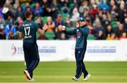 3 May 2019; Eoin Morgan of England, right, celebrates with Liam Plunkett of England after catching out George Dockrell of Ireland during the One Day International between Ireland and England at Malahide Cricket Ground in Dublin. Photo by Sam Barnes/Sportsfile