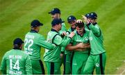 3 May 2019; Josh Little of Ireland, centre, celebrates with team mates after taking the wicket of Eoin Morgan during the One Day International between Ireland and England at Malahide Cricket Ground in Dublin. Photo by Sam Barnes/Sportsfile