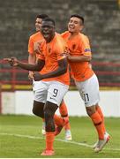 6 May 2019; Brian Brobbey of Netherlands, centre, celebrates with Naci Unuvar after scoring their side’s fourth goal during the 2019 UEFA European Under-17 Championships Group B match between Netherlands and England at the Tolka Park in Dublin. Photo by Sam Barnes/Sportsfile