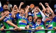 6 May 2019; Gorey captain Darragh Fitzpatrick lifts the cup following the Leinster Rugby U16 Cup match between Enniscorthy and Gorey at Energia Park in Dublin. Photo by Ramsey Cardy/Sportsfile