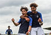 6 May 2019; Adil Aouchiche, left, of France celebrates with team-mate Georginio Rutter after scoring his side's second goal of the game during the 2019 UEFA European Under-17 Championships Group B match between France and Sweden at Tallaght Stadium in Dublin. Photo by Eóin Noonan/Sportsfile