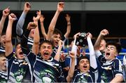 6 May 2019; Portlaoise captain Ben Dempsey lifts the cup following the Leinster Rugby U16 Plate match between Portlaoise and Tullow at Energia Park in Dublin. Photo by Ramsey Cardy/Sportsfile