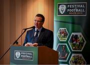 7 May 2019; International team managers Mick McCarthy and Colin Bell visited Trim Castle and the Knightsbrook Hotel today to officially launch the 2019 Football Association of Ireland AGM and Festival of Football. The Royal County will host both events for the first time at the end of July, culminating with the Association’s AGM at the popular Knightsbrook hotel on Saturday, July 27th. All 38 clubs in Meath will receive visits from FAI management, former internationals and coaching staff during the week long festivities. Clubs will also benefit from financial aid and coaching assistance as Meath becomes the 13th host of the Festival of Football which launched in 2007. This year’s Festival is supported by Meath County Council and the Meath Local Sports Partnership. FAI Communications Director Cathal Dervan speaking at the launch in Knightsbrook Hotel. Photo by Stephen McCarthy/Sportsfile