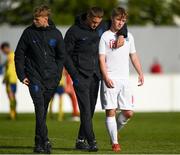 9 May 2019; Joe Gelhardt of England is consoled by Taylor Harwood-Bellis of England following the 2019 UEFA European Under-17 Championships Group B match between Sweden and England at Home Farm FC in Whitehall, Dublin. Photo by Harry Murphy/Sportsfile