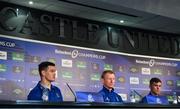 10 May 2019; Jonathan Sexton, left, alongside head coach Leo Cullen and Luke McGrath, during a Leinster press conference at St James' Park in Newcastle Upon Tyne, England.  Photo by Brendan Moran/Sportsfile