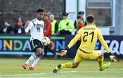 10 May 2019; Karim Adeyemi of Germany scores the third goal past Austrian goalkeeper Philipp Jorganovic during the UEFA U17 European Championship Finals Group D match between Austria and Germany at Carlisle Grounds in Wicklow. Photo by Matt Browne/Sportsfile