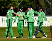 11 May 2019; Josh Little of Ireland, left, is congratulated by team-mates after bowling out Roston Chase of West Indies during the One Day International match between Ireland and West Indies at Malahide Cricket Ground, Malahide, Dublin.  Photo by Seb Daly/Sportsfile