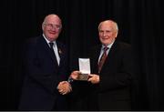 11 May 2019; Séamus Ó Beara of Rathangan GAA Club, Co Wexford, is presented with the Best Club Publication Award for &quot;A History of Rathangan Gaelic Games&quot; from Uachtarán Chumann Lúthchleas Gael John Horan during the GAA MacNamee Awards at Croke Park in Dublin. Photo by Piaras Ó Mídheach/Sportsfile