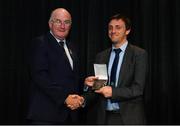 11 May 2019; Mickey Hughes collects the Best GAA Website Award on behalf of O'Dwyers GAA Club, Balbriggan, Co Dublin, from Uachtarán Chumann Lúthchleas Gael John Horan during the GAA MacNamee Awards at Croke Park in Dublin. Photo by Piaras Ó Mídheach/Sportsfile