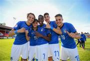 13 May 2019; Italy players, from left, Nikola Sekulov, Michael Brentan, Franco Tongya, Alessandro Pio Riccio and Alessandro Arlotti celebrate following the 2019 UEFA European Under-17 Championships Quarter-Final match between Italy and Portugal at Tolka Park in Dublin. Photo by Stephen McCarthy/Sportsfile