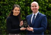 15 May 2019; Eimear Smyth of Fermanagh was today presented with The Croke Park / LGFA Player of the Month for April by Alan Smullen, General Manager, The Croke Park Hotel, Dublin. Eimear scored a remarkable individual tally of 1-12 as Fermanagh came from 11 points down to defeat Limerick in the Lidl National League Division 4 semi-final on 20 April. Photo by Brendan Moran/Sportsfile
