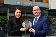 15 May 2019; Eimear Smyth of Fermanagh is presented with The Croke Park / LGFA Player of the Month for April by Alan Smullen, General Manager, The Croke Park Hotel, Dublin. Eimear scored a remarkable individual tally of 1-12 as Fermanagh came from 11 points down to defeat Limerick in the Lidl National League Division 4 semi-final on 20 April. Photo by Brendan Moran/Sportsfile