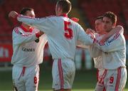 29 November 1998; Cork City players, from left, Kelvin Flanagan, Derek Coughlan (5), John Caulfield and Gerard Dobbs celebrate Cork City's equaliser against Derry City during the Harp Lager National League Premier Division match at the Brandywell Stadium in Derry. Photo by Damien Eagers/Sportsfile