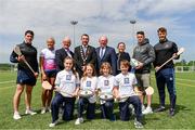 16 May 2019; In attendance during the Aldi Community Games Festival Launch are backrow from left, Sean Finn of Limerick, Hurdler Sarah Lavin, Dr Des Fitzgerald, University of Limerick President, Councillor James Collins, Mayor of Limerick, John Byrne, Community Games CEO, Rita Kirwan, Advertising Director, Aldi, former Munster rugby player Ronan O'Mahony and Tom Morrissey of Limerick, with, front row from left, Shannon Sweeney, aged 12, Olivia Flannery, aged 10, Marcus Southern, aged 11 and Daragh Hogan, aged 11,  all from Limerick, at Maguires Field, University of Limerick in Limerick. Photo by Sam Barnes/Sportsfile