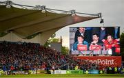 18 May 2019; Munster forwards coach Jerry Flannery, backline and attack coach Felix Jones and head coach Johann van Graan are seen on the big screen during the final moments of the Guinness PRO14 semi-final match between Leinster and Munster at the RDS Arena in Dublin. Photo by Diarmuid Greene/Sportsfile