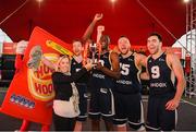 18 May 2019; Karen Hurley, Senior Brand Manager, Hula Hoops, presents the trophy to Shane O’Connor, Daniel Stewart, Tomas Banys, and Conall Mullan of Ulster University Elks Basketball after the won the Mens Final at the second annual Hula Hoops 3x3 Basketball Championships at Bray Seafront in Co. Wicklow. Photo by Ray McManus/Sportsfile
