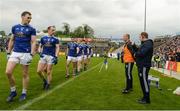 18 May 2019; Cavan players Gearoid McKiernan and Martin Reilly speak to Cavan Manager Mickey Graham during the pre match parade before the Ulster GAA Football Senior Championship quarter-final match between Cavan and Monaghan at Kingspan Breffni in Cavan. Photo by Oliver McVeigh/Sportsfile