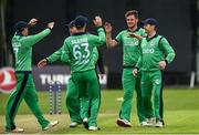19 May 2019; Mark Adair of Ireland, cntre, celebrates with team mates after taking a wicket during the One-Day International between Ireland and Afghanistan at Stormont in Belfast. Photo by Oliver McVeigh/Sportsfile