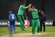 19 May 2019; Paul Stirling and Mark Adair of Ireland celebrate after taking a wicket during the One-Day International between Ireland and Afghanistan at Stormont in Belfast. Photo by Oliver McVeigh/Sportsfile