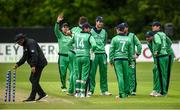 19 May 2019; The Ireland players celebrate after the fall of a wicket during the One-Day International between Ireland and Afghanistan at Stormont in Belfast. Photo by Oliver McVeigh/Sportsfile