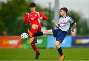 19 May 2019; Jack Warren of DDSL in action against Conor Hanley of Cork during the Under 16 SFAI Subway Championship Final match between DDSL and Cork at Mullingar Athletic in Gainstown, Westmeath. Photo by Ramsey Cardy/Sportsfile