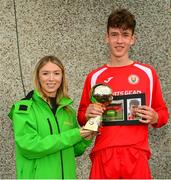 19 May 2019; Cormaic Kelly of Cork receives the Man of the match award from Kirby Axon, Marketing Executive, Subway, during the Under 16 SFAI Subway Championship Final match between DDSL and Cork at Mullingar Athletic in Gainstown, Westmeath. Photo by Ramsey Cardy/Sportsfile